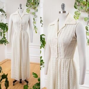 Vintage 1960s Maxi Dress 60s Lace Off White Sundress Boho Bridal Wedding Gown